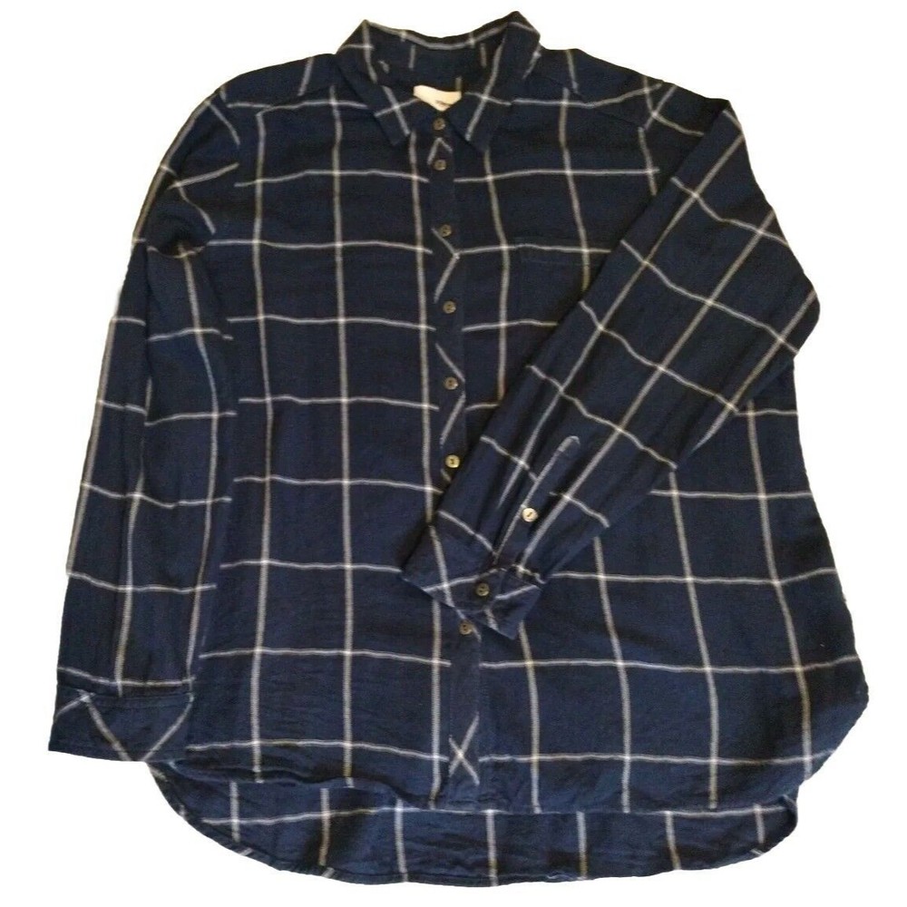 Lightweight Plaid Shirt Women Casual Button Down Classic Blue White Size L